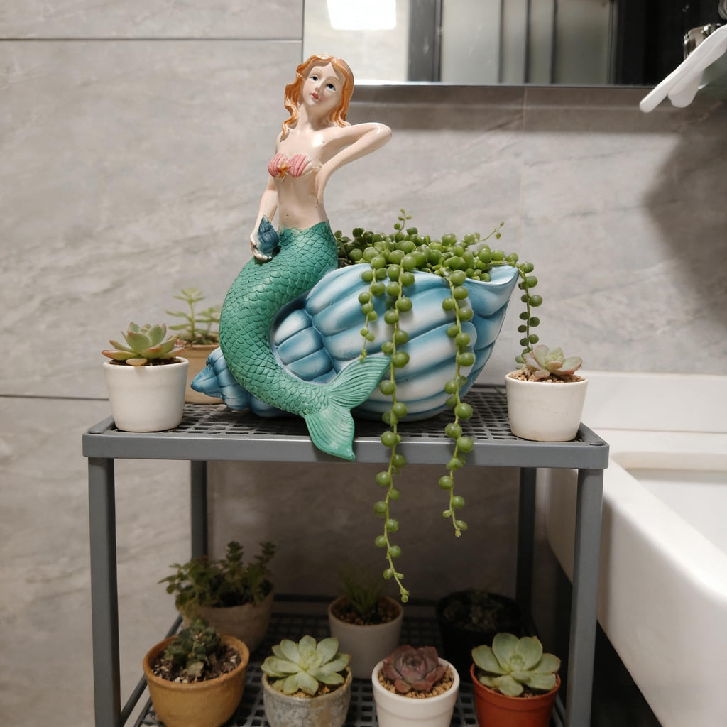 Mermaid Resin Planter Statue, Conch Base Succulent Flower Pot Garden Nautical Decor (Blue)