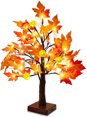 Prelit Fall Maple Tree with Pumpkin Lights Timer 24 Warm White LED 18 Inch