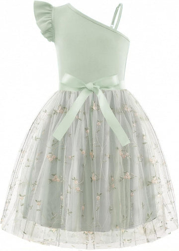 Girls Dresses Summer One Shoulder Sleeveless Dress with Belted