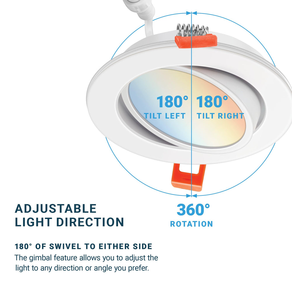(6 Pack) 4 Inch LED Gimbal 5CCT Recessed Lighting, Directional Adjustable Canless Ceiling Light with J-Box
