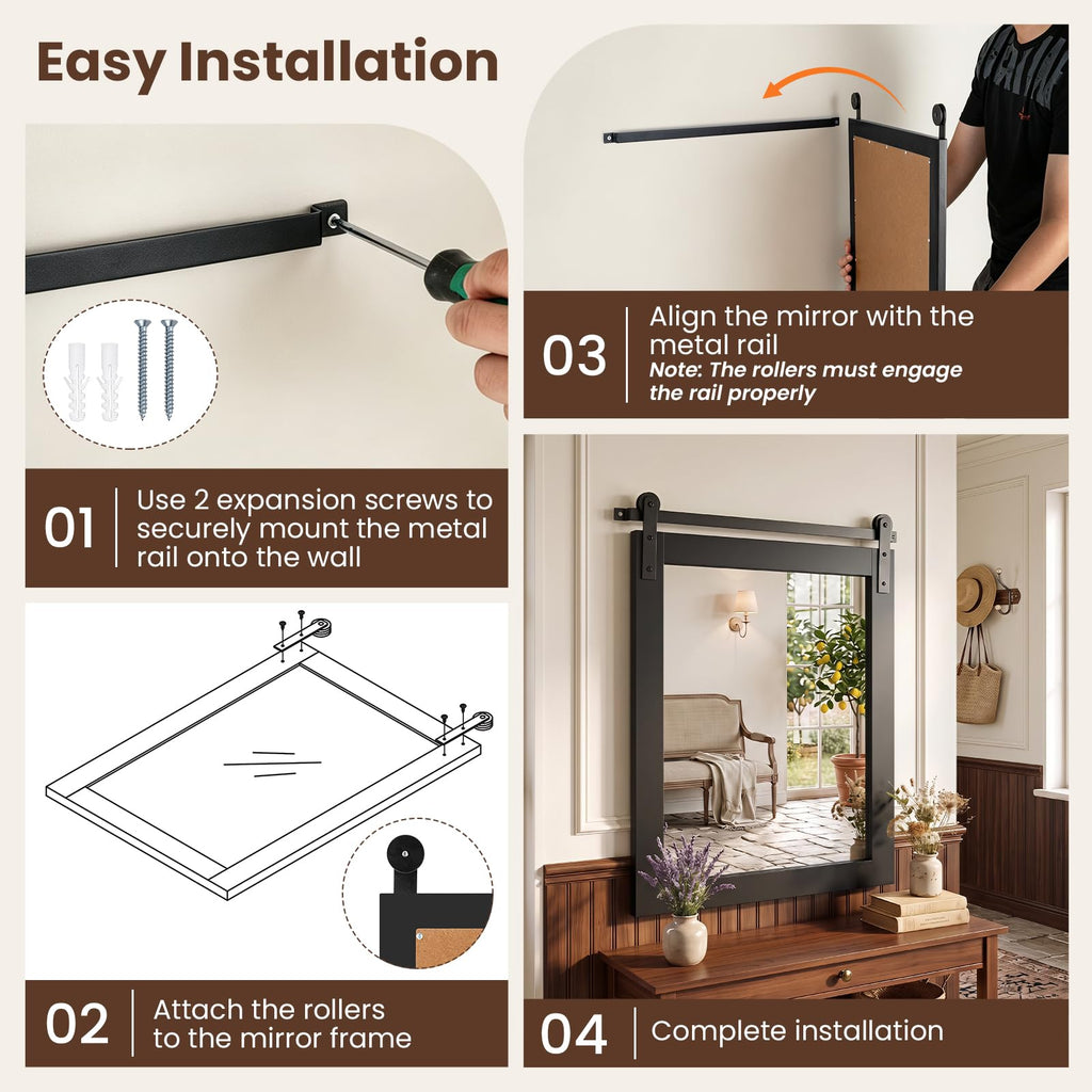 Farmhouse Barn Door Wall Mirror, 29"x23", Black