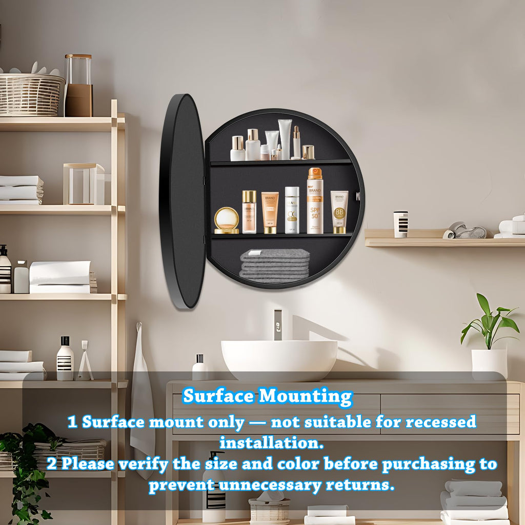 30 x 30 Inch Round Medicine Cabinet with Mirror, Surface Mount Only, Black Metal Frame Bathroom Mirror Cabinet