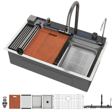 33 Inch Honeycomb Waterfall Drop in, 33x19 Inch Stainless Steel Workstation Sink 16 Gauge Topmount Single Bowl Sink