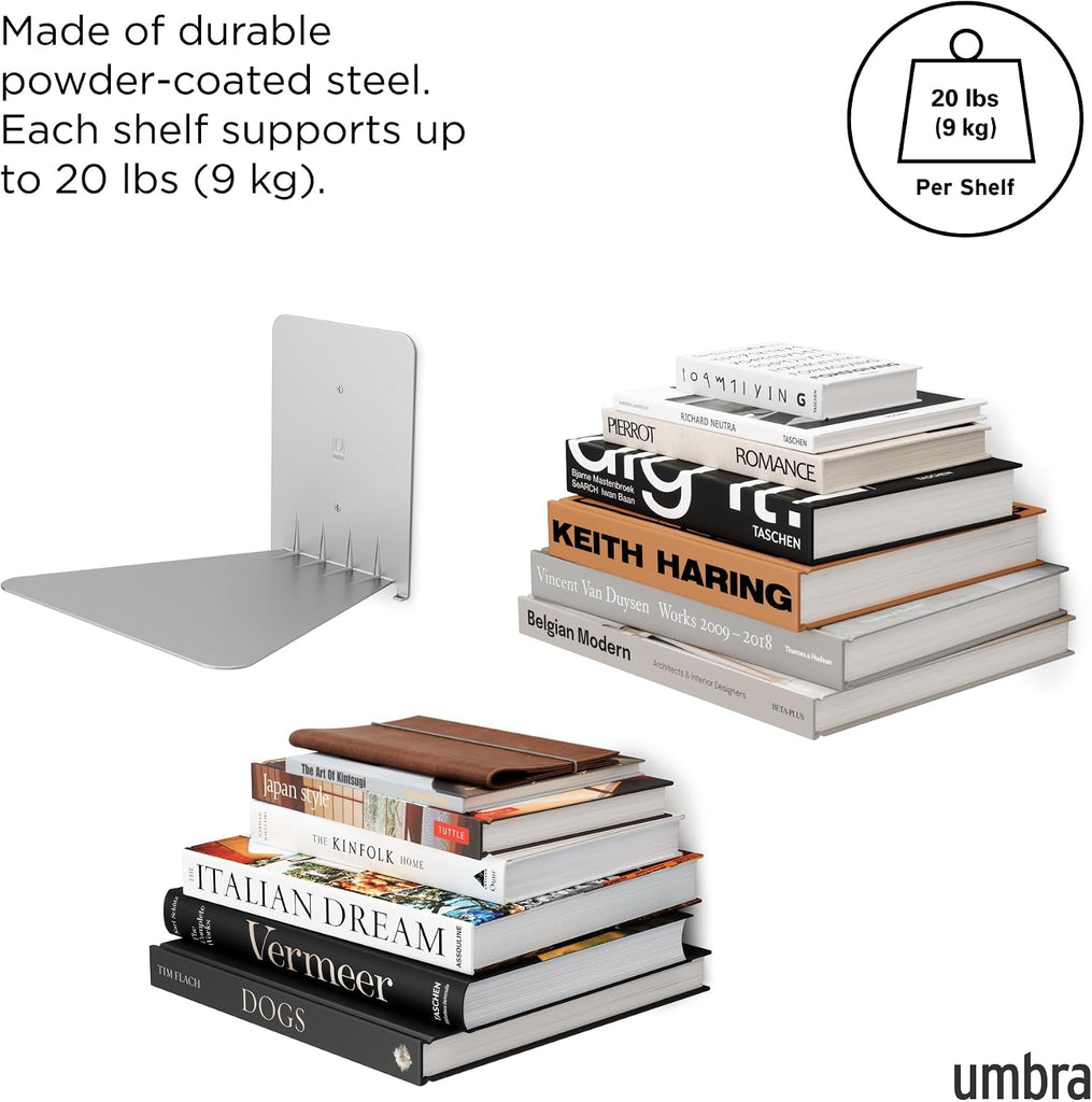 Conceal Floating Bookshelf, Metal Wall Shelf, Set of 3, Large, Silver | Powder coated steel, holds 15 lbs each