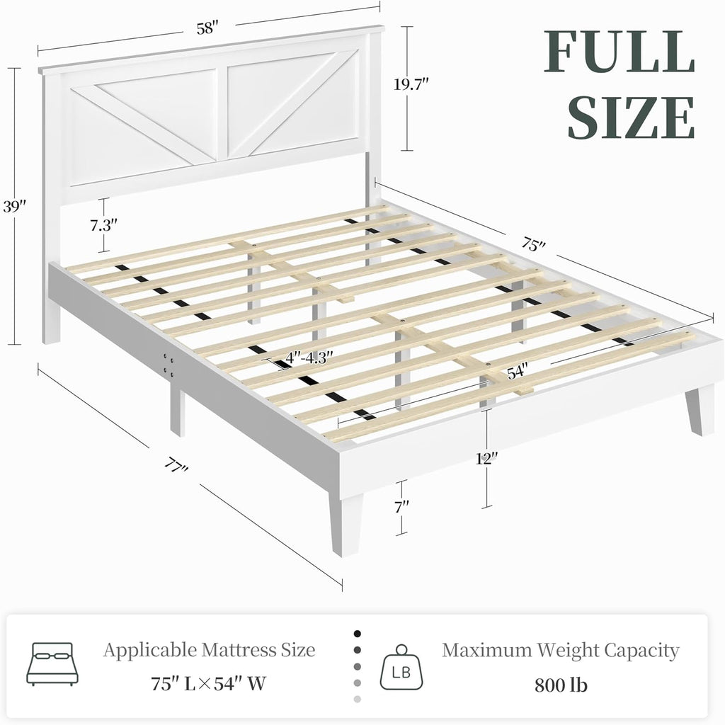 Wood Bed Full, Farmhouse White Rubberwood Platform Bed Frame with V-Designed Headboard, Sturdy Wooden Support Slats