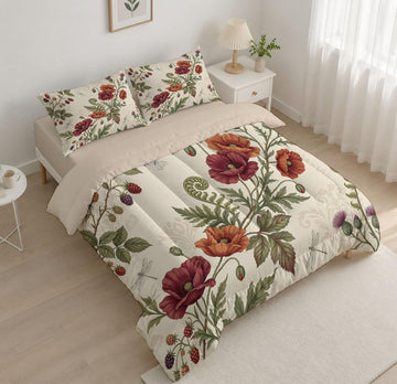 Comforter Set Baroque Floral Brocade Comfortable Microfibre Duvet | Beige Fluffy Bedding Set, Vintage
