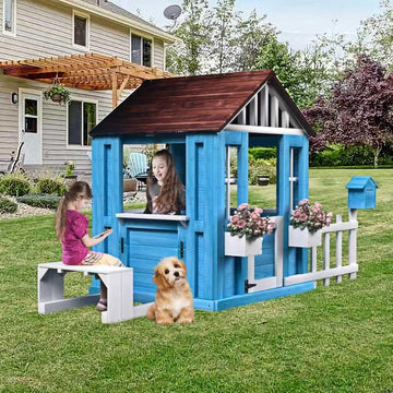 Playhouse foe 3-6 Ages Boys Girls, Wooden Playhouse with Bench Fence Windows Flowerpot Holders & Snack Window, Solid