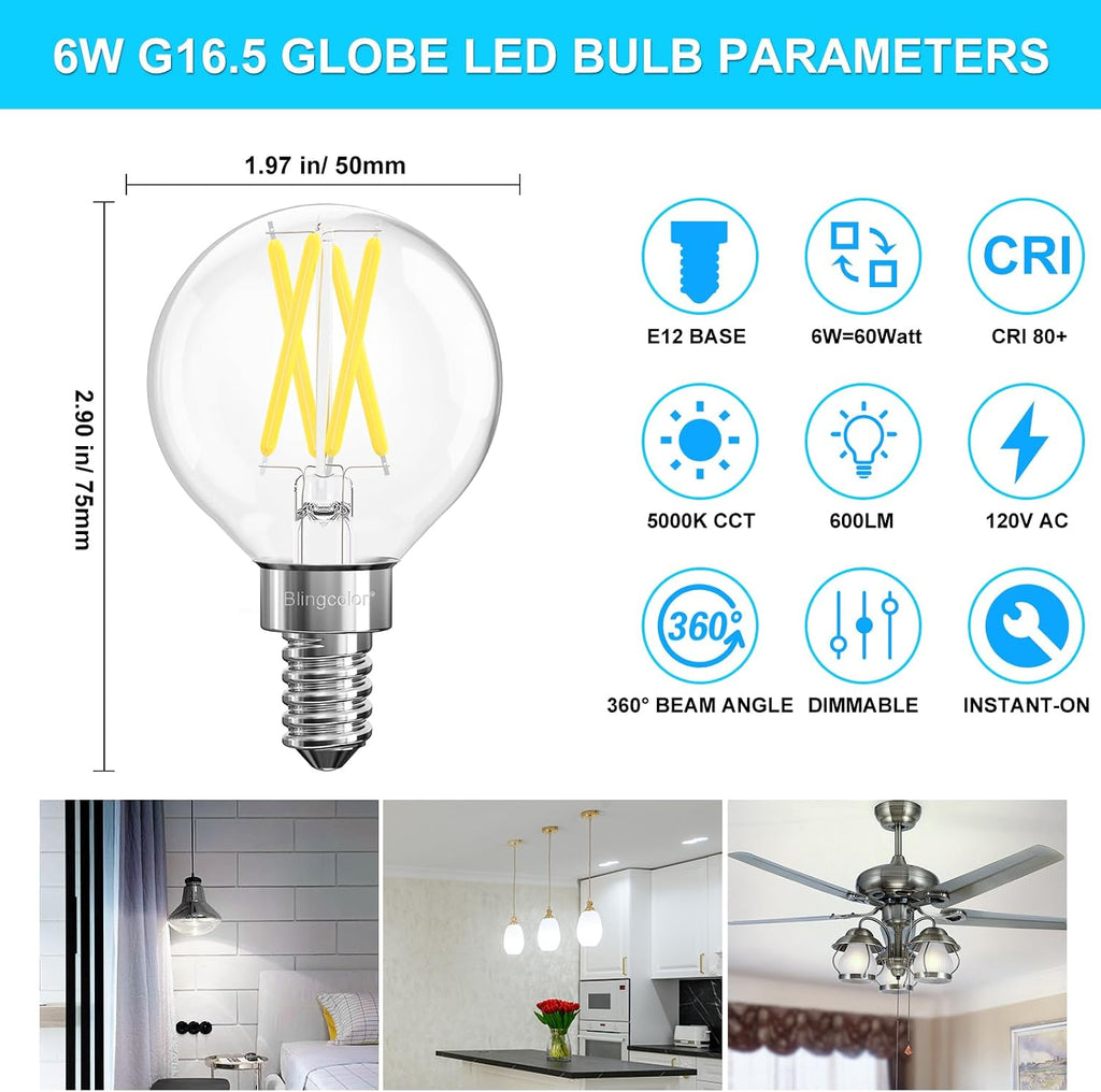 6 Pack E12 Dimmable G16.5 6W LED Candelabra Globe Light Bulbs 5000K