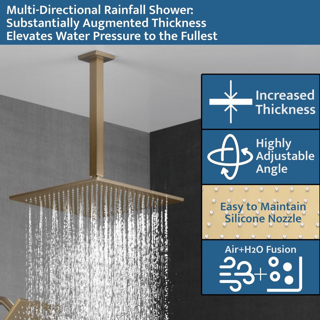 Thermostatic Shower System Brushed Gold, Push Button Diverter Shower Faucet with 2 in 1 Handheld, Ceiling Mount 12