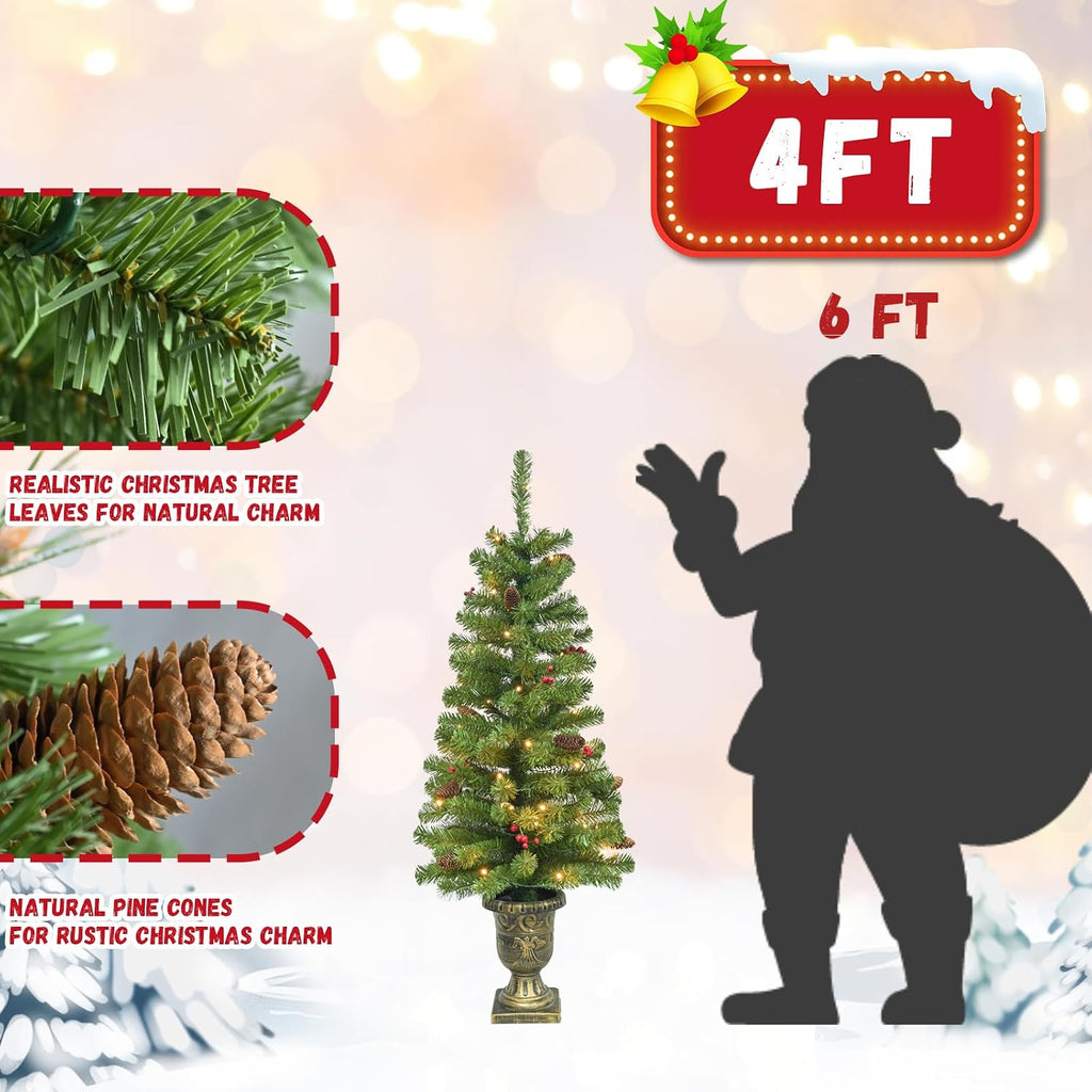 4FT Artificial Potted Christmas Tree with Lights, Pre-lit Mini Christmas Tree with 50 LED Lights, Small Fake Spruce
