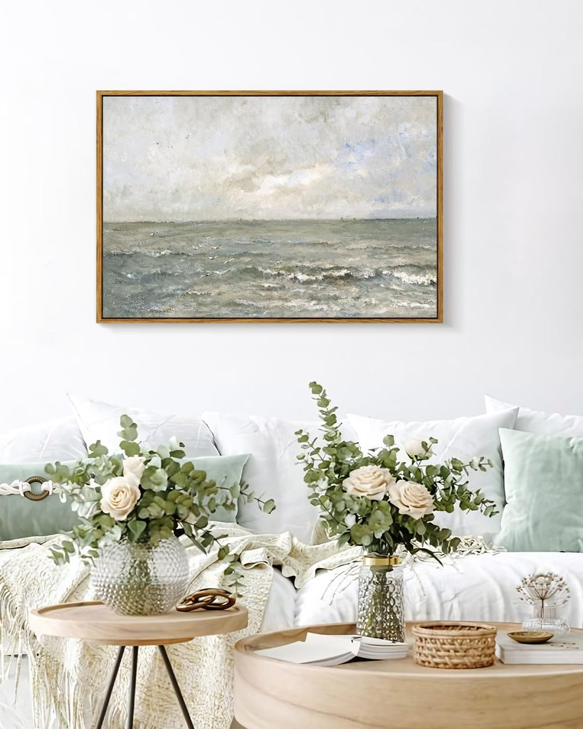 Ocean Landscape Large Framed Wall Art, Seascape Vintage Paintings Art Decor Aesthetic, Canvas Print Artwork, Calming
