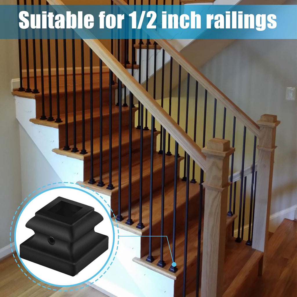 100 Pcs 1/2" Iron Baluster Flat Shoes for Interiors Square Stair Holoow Sprindles, Satin Black