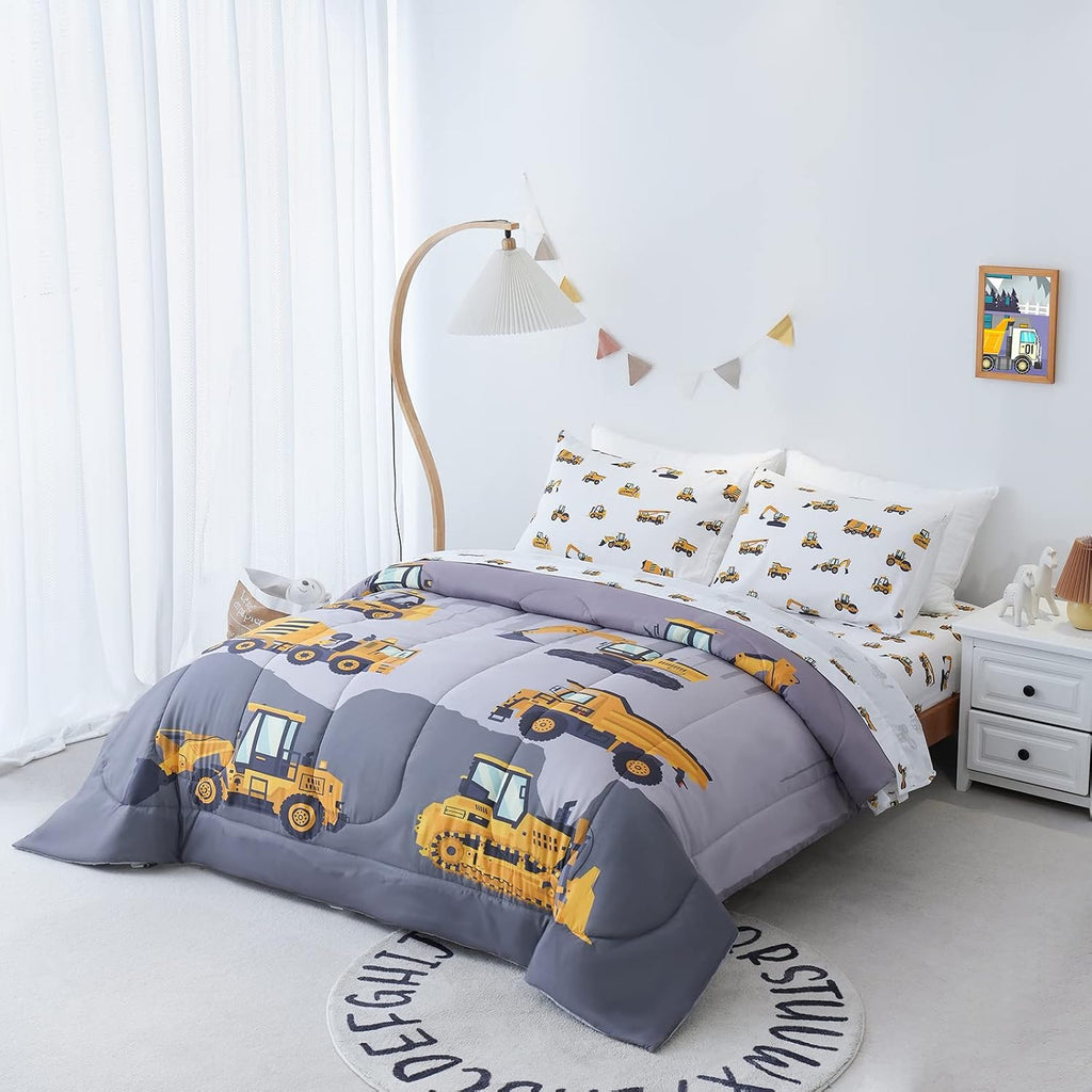 Twin Comforter Set for Boys, 4-Piece Bed in a Bag, 3D Construction Bedding Comforter Sheet Set, Ultra Soft and