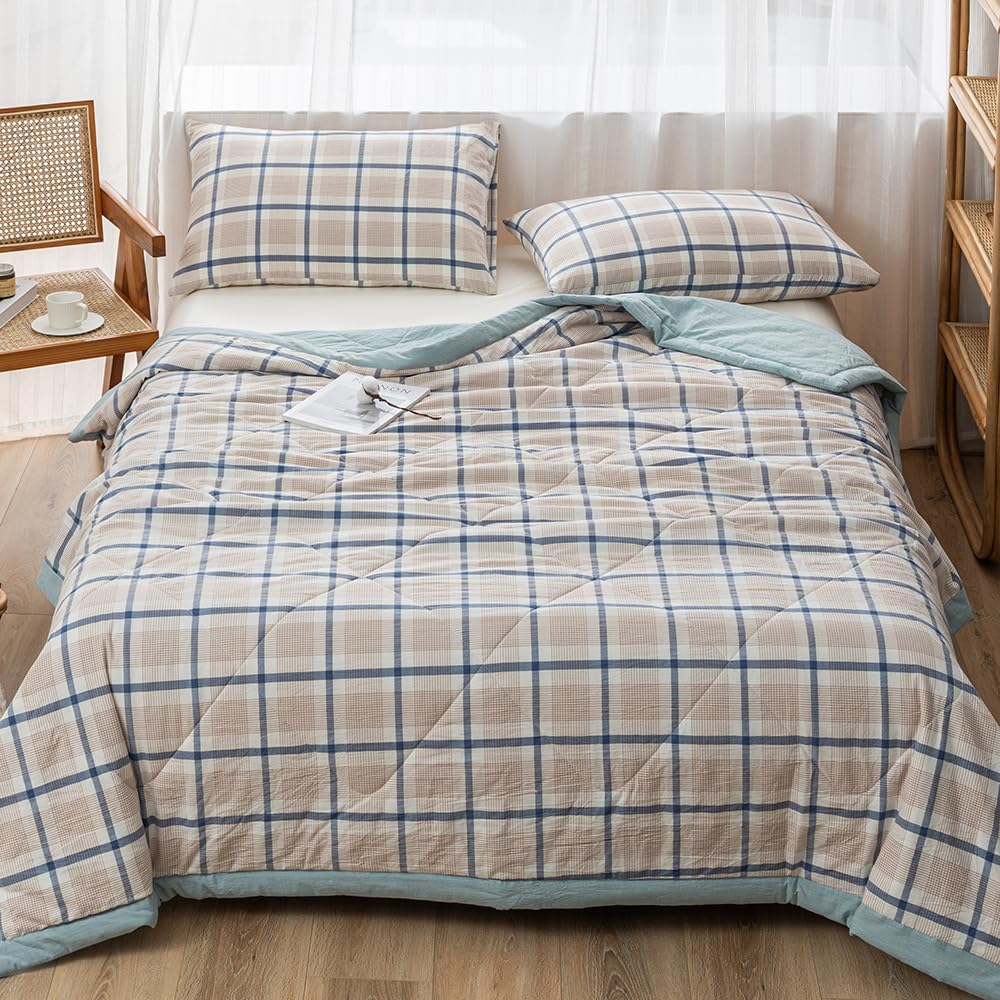 Summer Lightweight Comforter Set, Thin Quilt, 100% Washed Cotton, Machine Washable, Soft Comfy Breathable Can Sleep