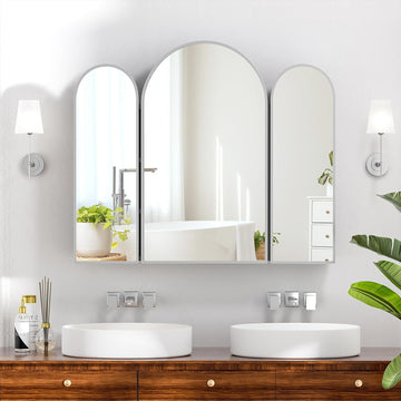 Triple Arched Brushed Nickel Medicine Cabinet,Medicine Cabinet with Mirror,3 Doors,Surface Mount Bathroom Mirror
