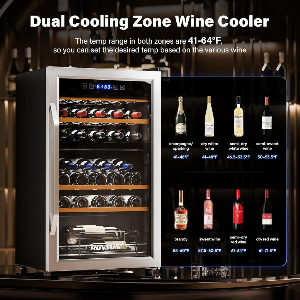 Dual Zone Beverage Cooler Refrigerator, 33 Bottle Chiller with Glass Door & Digi