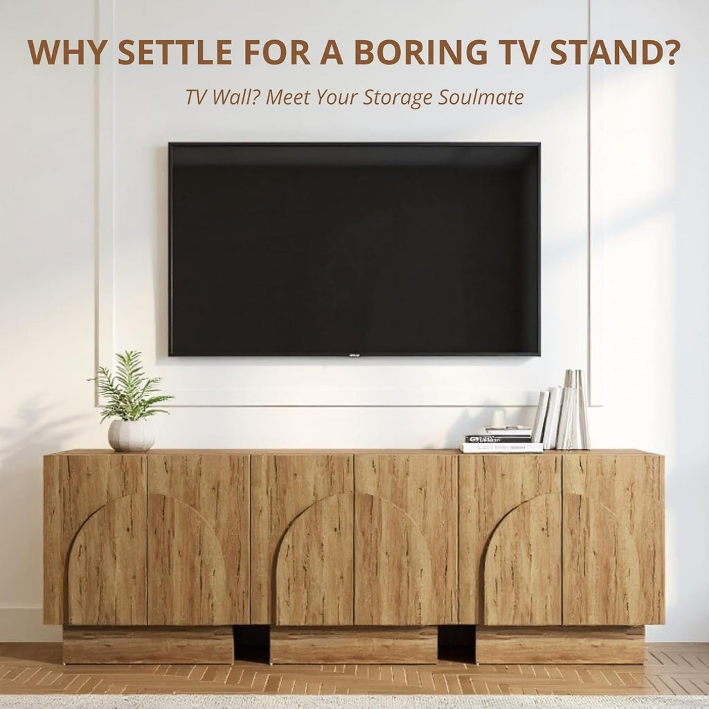 Natural Sideboard Buffet Cabinets with Storage, Modern Coffee Bar Cabinets Credenza with Arched Doors, Farmhouse