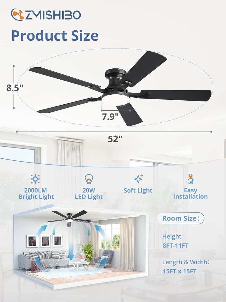 52 Inch Ceiling Fan with Light, App&Remote Control, Flush Mount Low Profile, Dimmable 20W LED Light, Quiet Reversible Motor for Bedroom, Living Room, Apartment, Black A101-B0DPHBLS5W