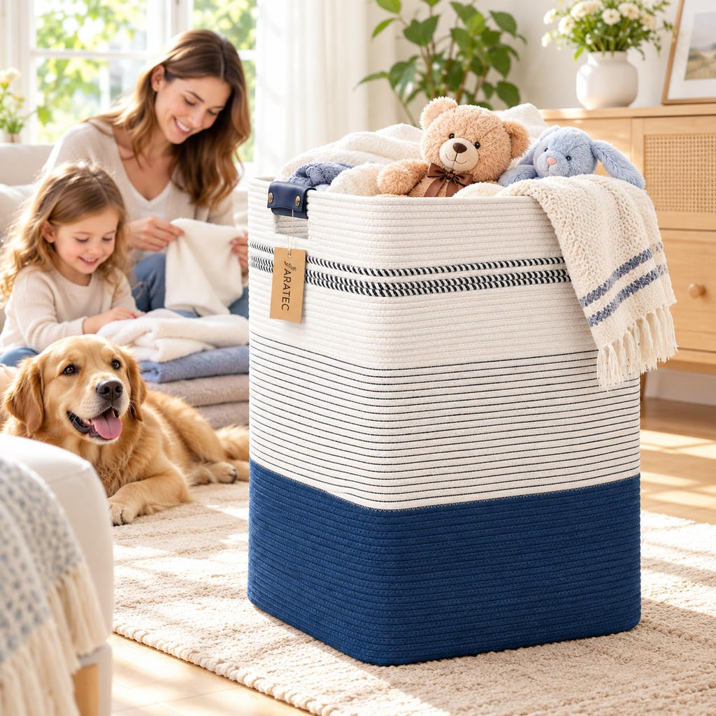 Laundry Hamper, Cotton Rope Laundry Basket with Leather Handles, 25.1-Gallon/95 L Large Clothes Hampers for Laundry