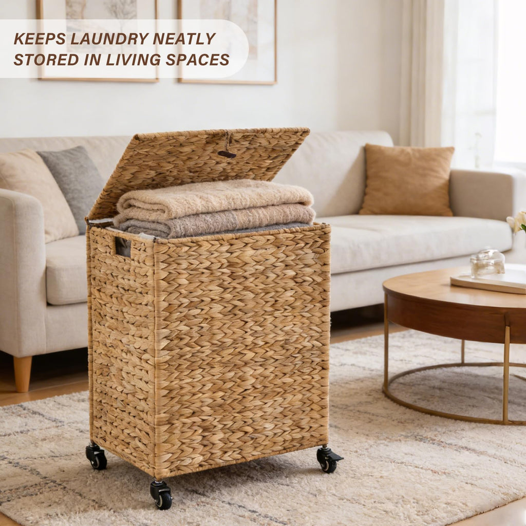 Hand-Woven Natural Water Hyacinth Laundry Basket with Wheels