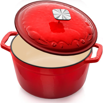 Enameled Cast Iron Dutch Oven - 5 Quart, Crab Lid (Patented), Oversized Knob, for Bread Baking Braiser, Cooking Stock