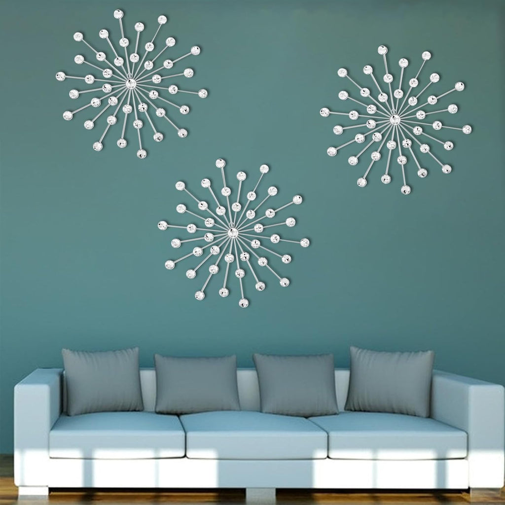 Modern Starburst Wall Decor, Metal Wall Sculpture with Crystal Accents, Silver 3D Wall Art, Elegant Hanging - Set of 3