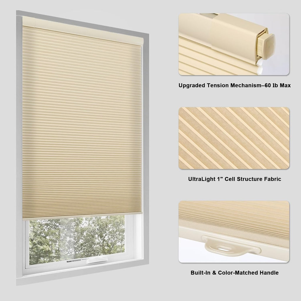 No Drill Cellular Shades for Indoor Windows, Thermal Insulating & Noise Reducing Honeycomb Blinds, Cordless Free Stop