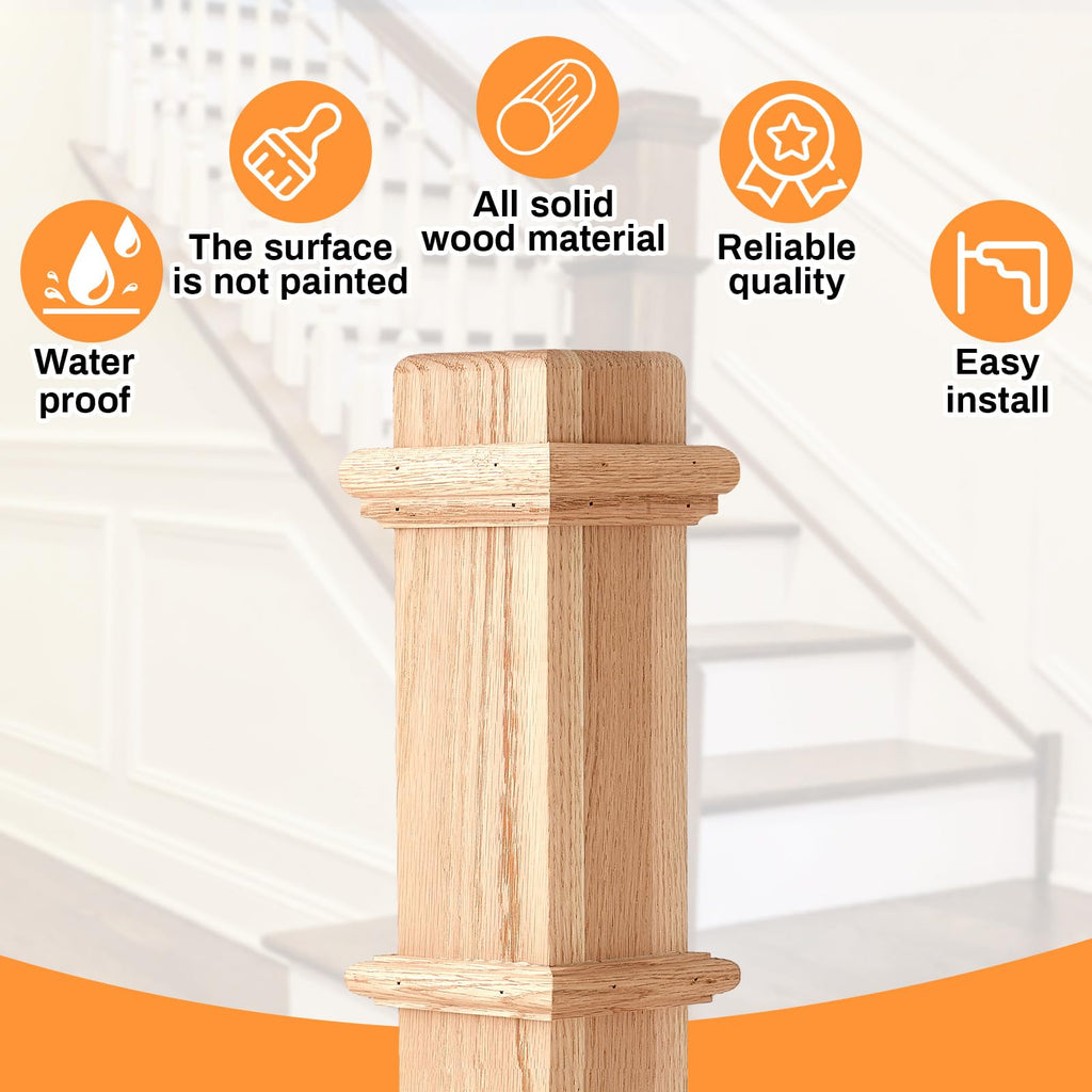 1 Pcs 56 Inch Red Oak Stair Newel Post with 3 1/2" Post and 4 1/2" Pedestal, Wood Box Newel with Pedestal for
