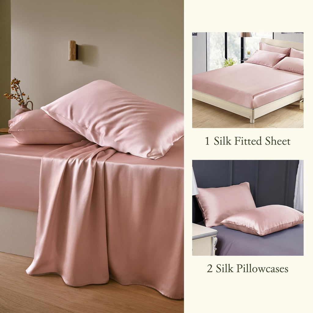 3PC Fitted Sheets Set - 100% Mulberry Silk, 2 Pillowcases, 1 Fitted Sheet - 16 Inch Deep Pocket, 19 Momme - Rosy