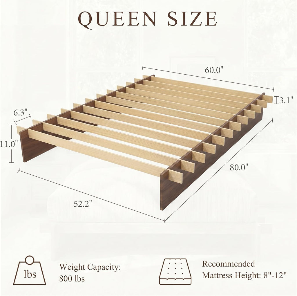 Japanese Platform Bed Frame with Wooden Slats, Easy Assembly