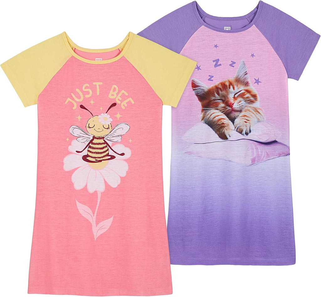 Kids Girls 2 Pack Nightgowns Pajamas Dress - Long or Short Sleeve