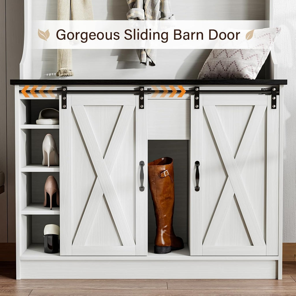 Farmhouse Hall Tree with Bench & Shoe Storage, White