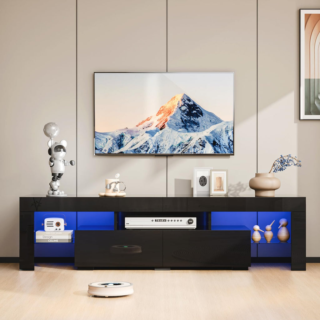 LED TV Stand, 63'' High Glossy Modern Entertainment Center with LED Lights and Storage for 55/60/65/70 Inch TV