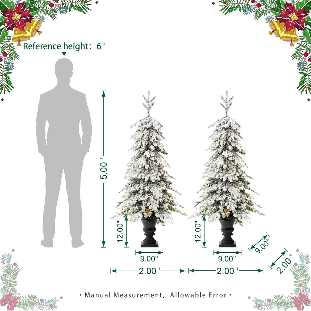 5ft Prelit Christmas Tree Set of 2, Artificial Christmas Trees with Lights, Flocked Fir Potted Christmas Porch Tree