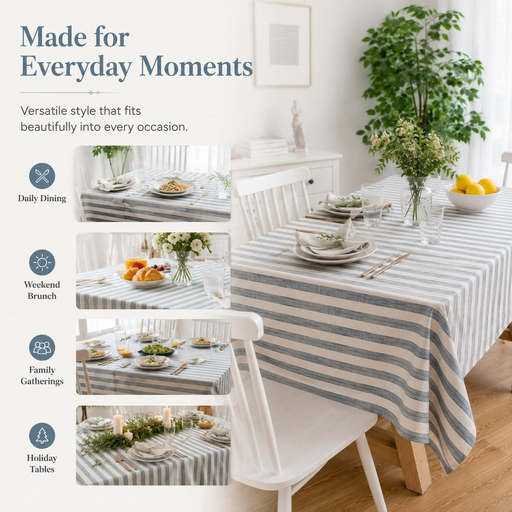 Boho Tablelcoth Rectangular Blue and White Striped Table Cloth 84 Inches Long for 6 Foot Rectangle Dining Kitchen
