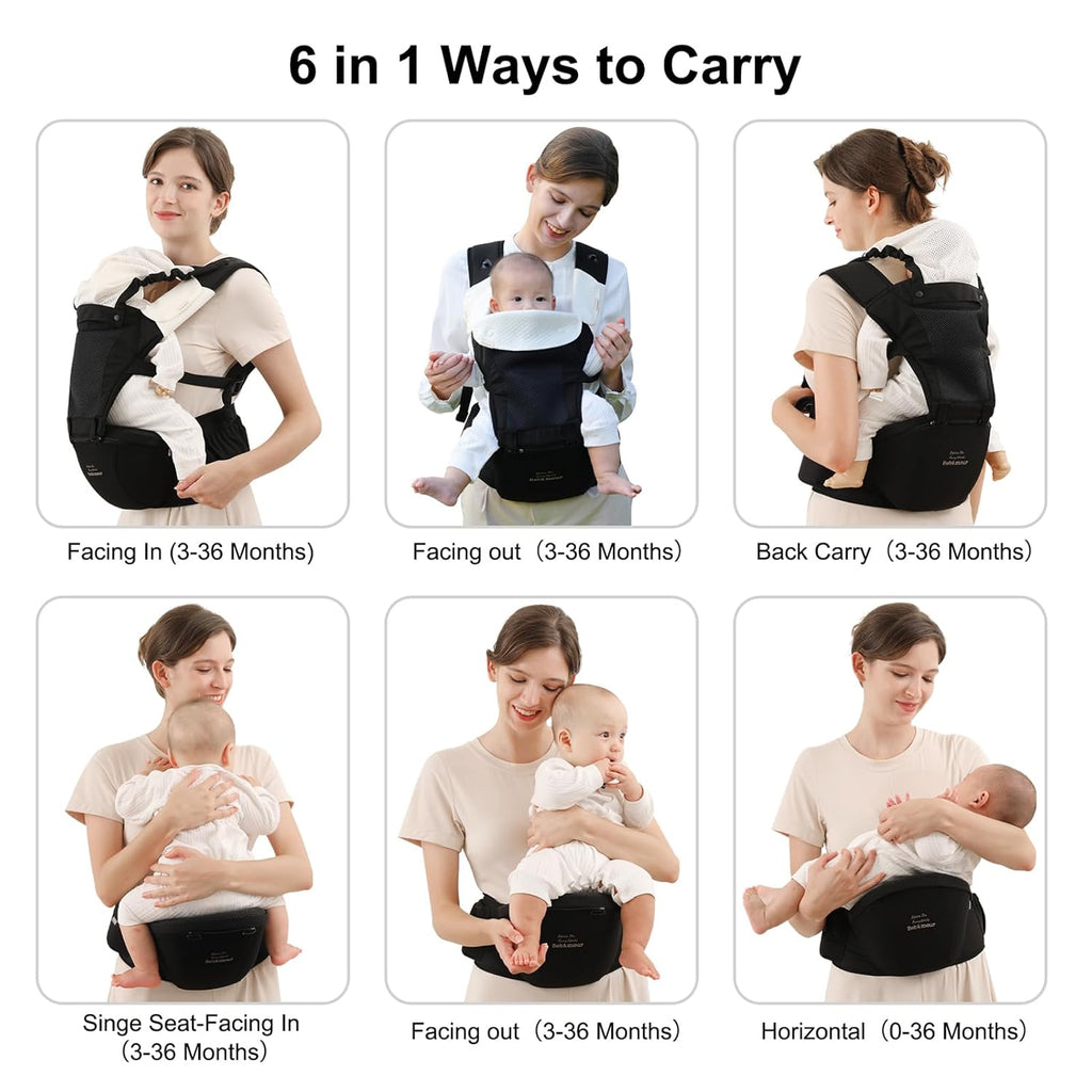 Baby Carrier with Hip Seat,All-Position Breathable Mesh Hip Seat & Carrier 0-36Months with Head Hood, 3 PCS Cotton