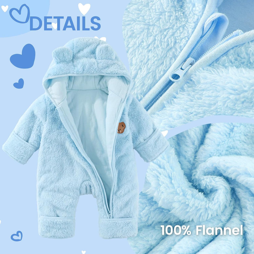 Baby Snowsuit Fleece Bunting - Winter Bear Onesie Warm Hooded Romper with Foldover for Infant Boys Girls