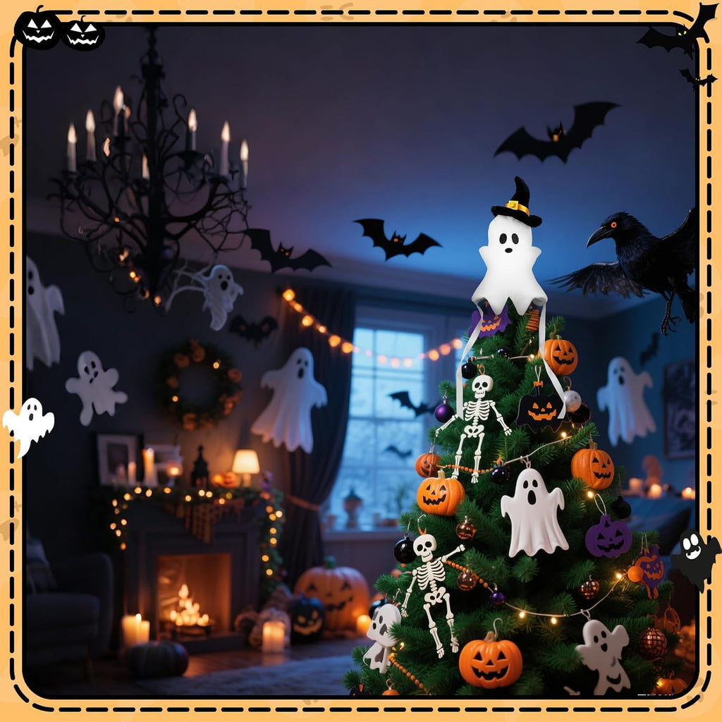 11.8'' White Ghost Plush Halloween Tree Topper with Witch Hat