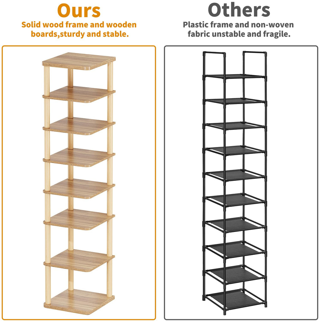 8 Tiers Vertical Shoe Rack, Tall Narrow Shoe Tower Corner Shoe Rack, Walnut