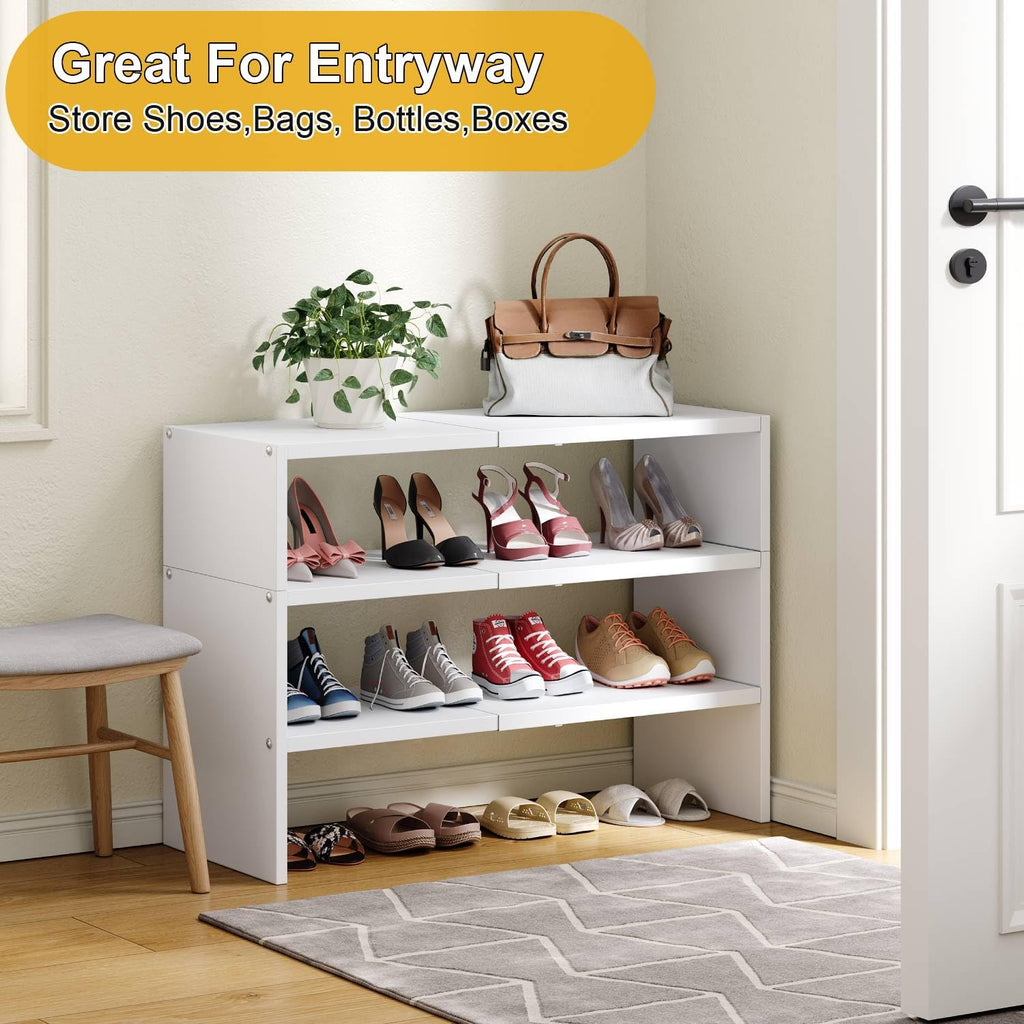 White Shoe Rack Organizer for Closet, 3-Tier Expandable Shoe Shelf, Stackable Iron Wood Combination Shoe Racks