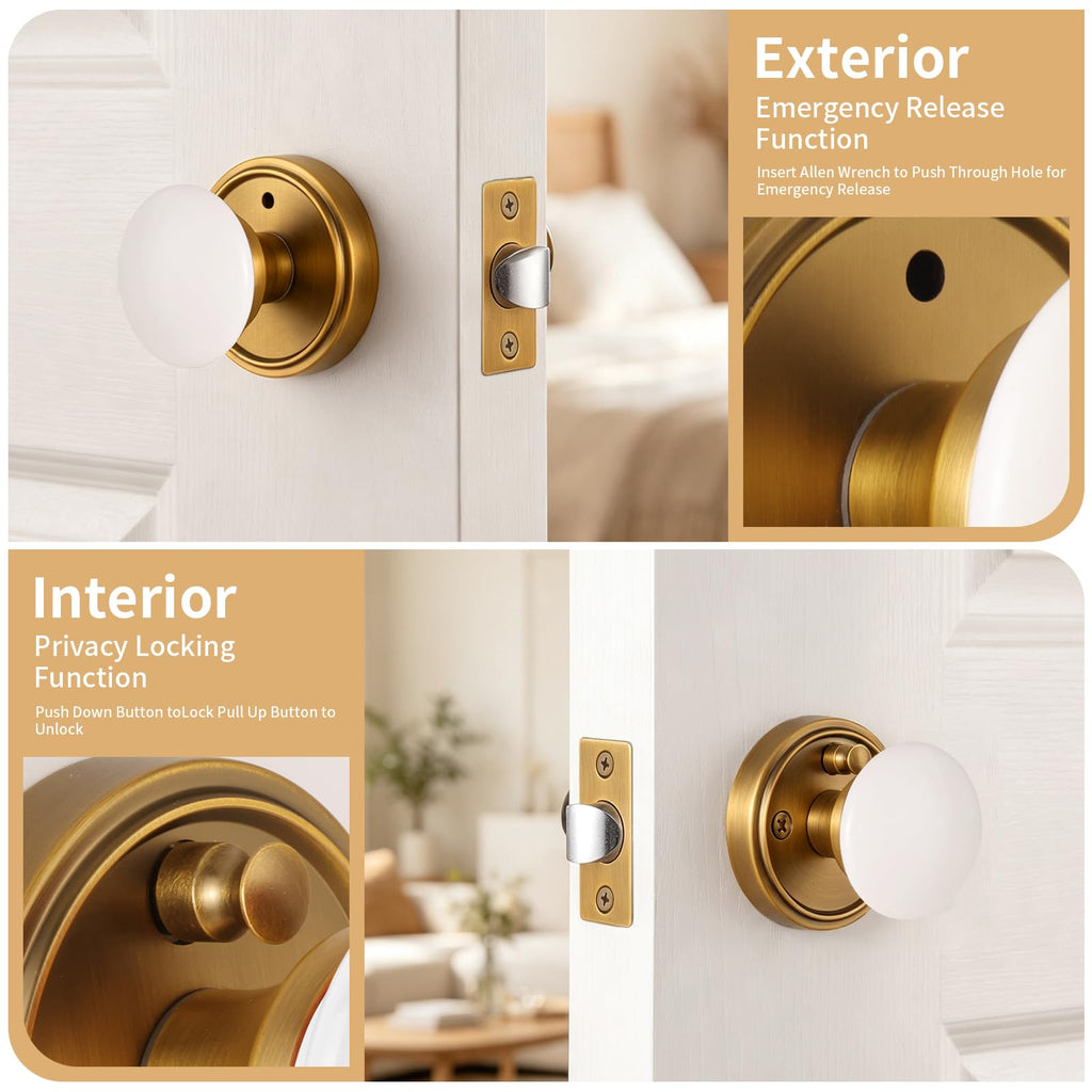 White Porcelain Round Door Knobs with Antique Brass Rosette 1 Pack