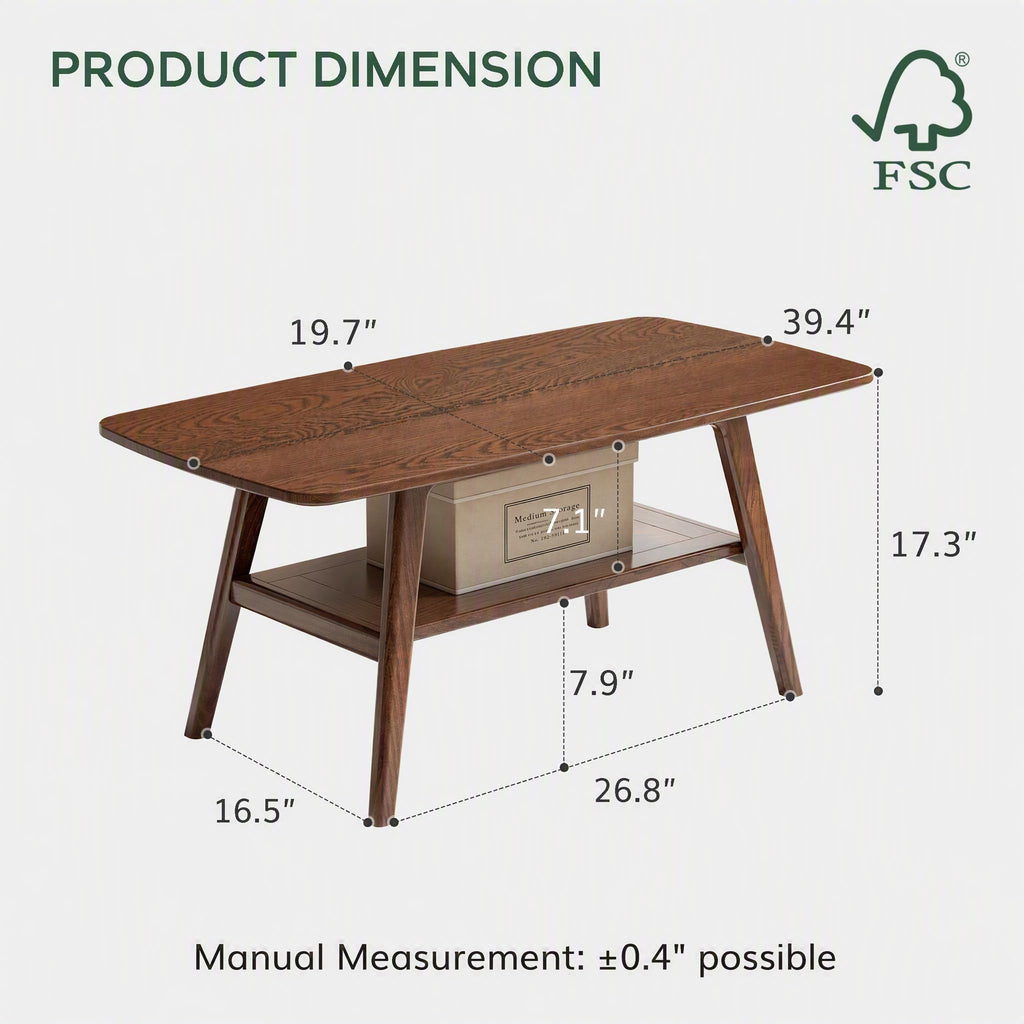 100% Solid Oak Coffee Table with Storage Shelf, 39.37" W