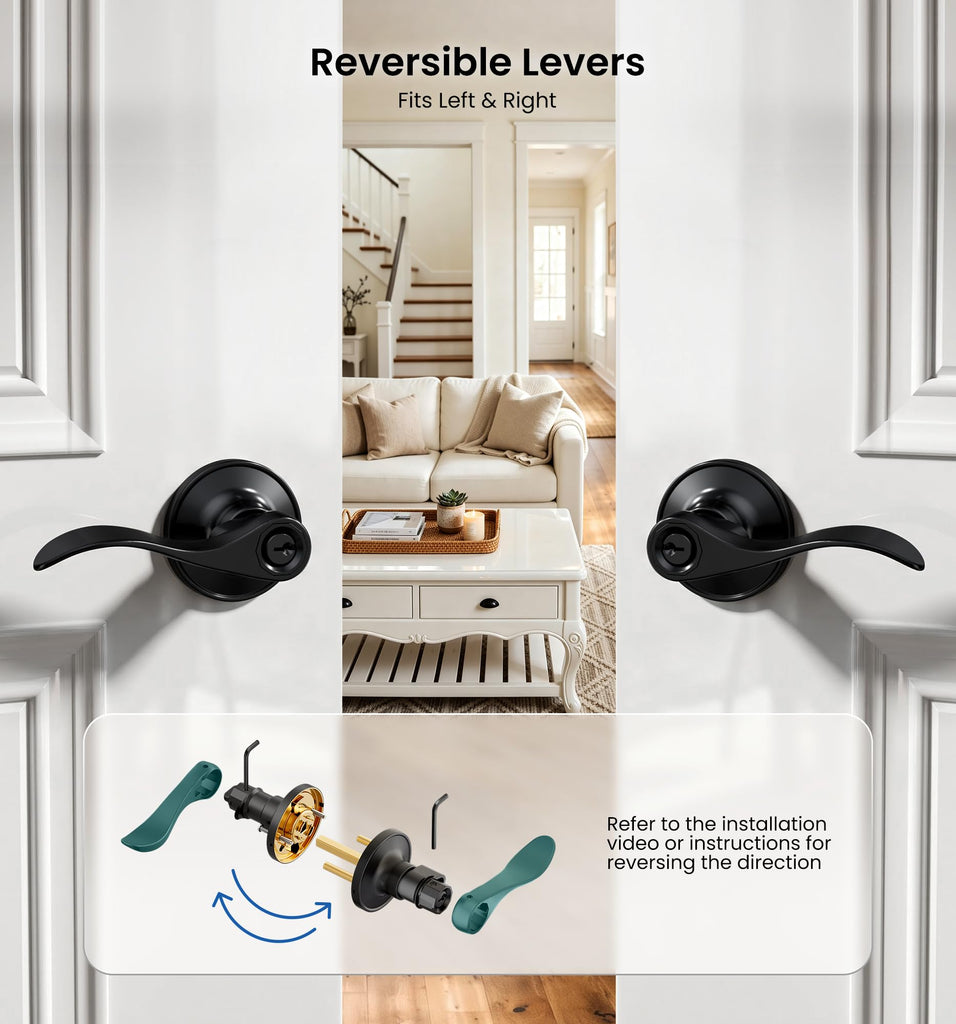 Keyed Entry Door Handle with Lock, Wave Door Levers, Matte Black