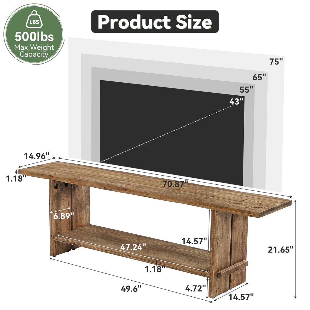 71" Solid Wood TV Stand for 55/65/75/85-Inch TV, 2-Tier TV Table