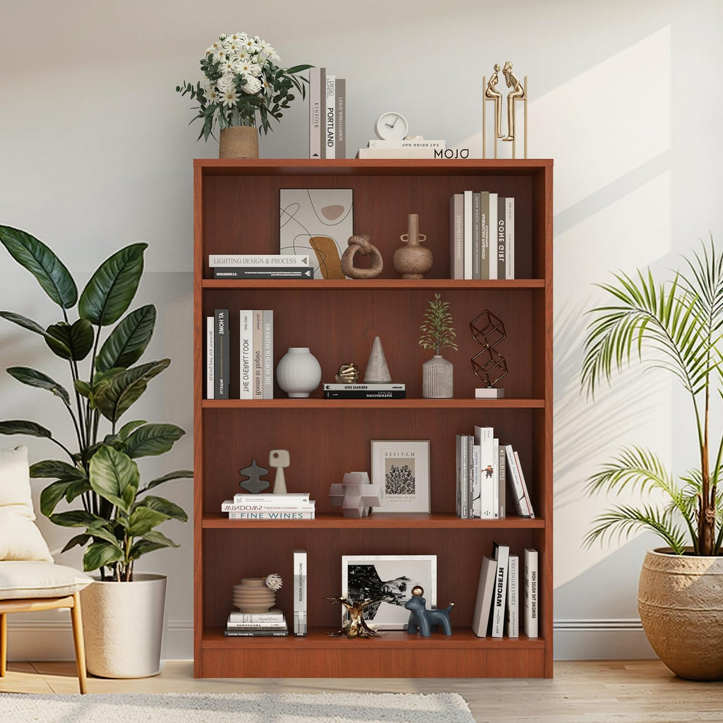 48 Inch Tall 4-Shelf Bookcase, Wood Bookshelf Storage Organizer Adjustable Shelf, Study Room, Easy Assembly, Cherry