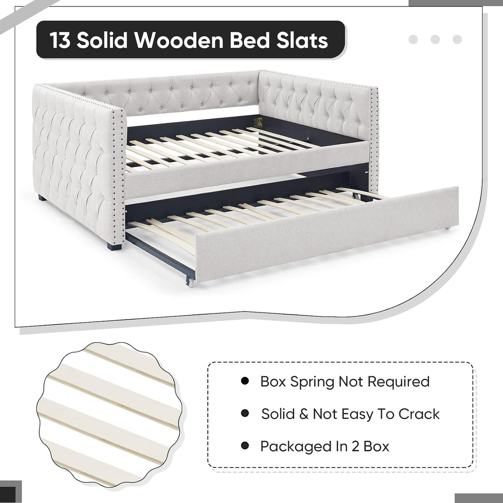 Daybed with Trundle, Modern Upholstered Full Size Button-Tufted Sofa Bed Frame with A Roll-Out Trundle, No Box Spring