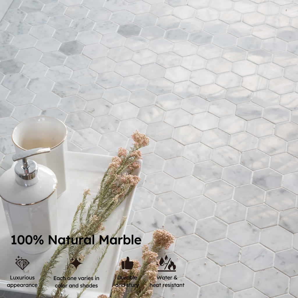 Carrara White Marble Mosaic Tile, 2 Inch Hexagon, Polished, 5 Sheets