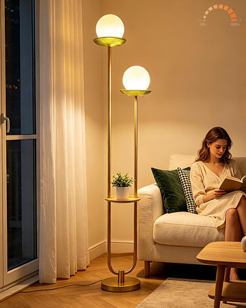 2-Globe Gold Floor Lamp Dimmable with Green Glass Tray Tall Lamp