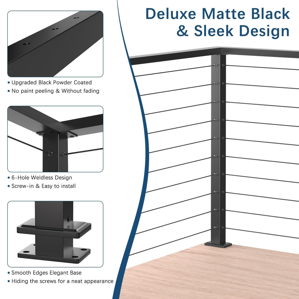 36" Black Cable Railing Corner Post, T-Drilled Three-Side Deck Post