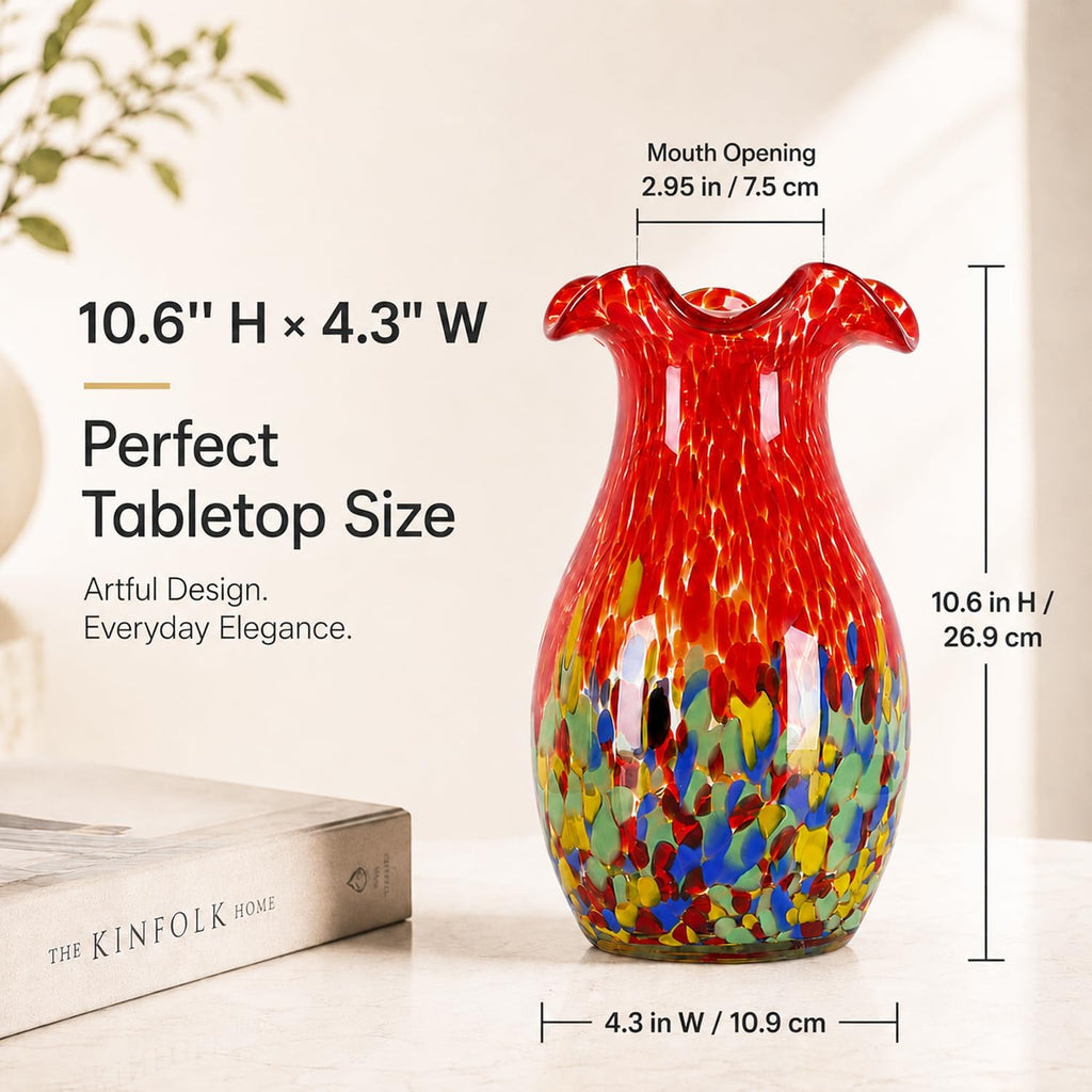 10.6in H Red Hand Blown Glass Vase, Beautiful Wide Mouth Glass Flower Vase